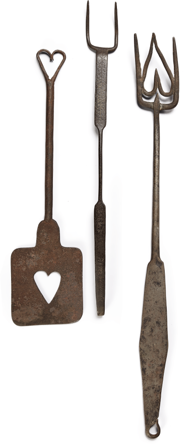 View full screen - View 1 of Lot 1151. THREE WROUGHT IRON COOKING UTENSILS: DOUBLE-HEART SPATULA AND TWO TOASTING FORKS, AMERICAN OR ENGLISH, LATE 18TH OR EARLY 19TH CENTURY.