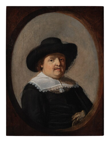 View full screen - View 1 of Lot 520. Portrait of a man, half length, wearing a collar and a hat.
