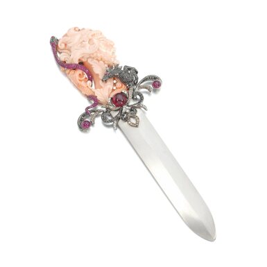 View full screen - View 1 of Lot 942. Coral, ruby, coloured diamond and diamond letter opener.
