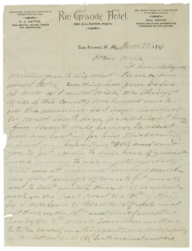View full screen - View 1 of Lot 2115. Garrett, Pat. Autograph letter signed, 22 March 1896, to his wife, Apolinaria Gutierrez Garrett.