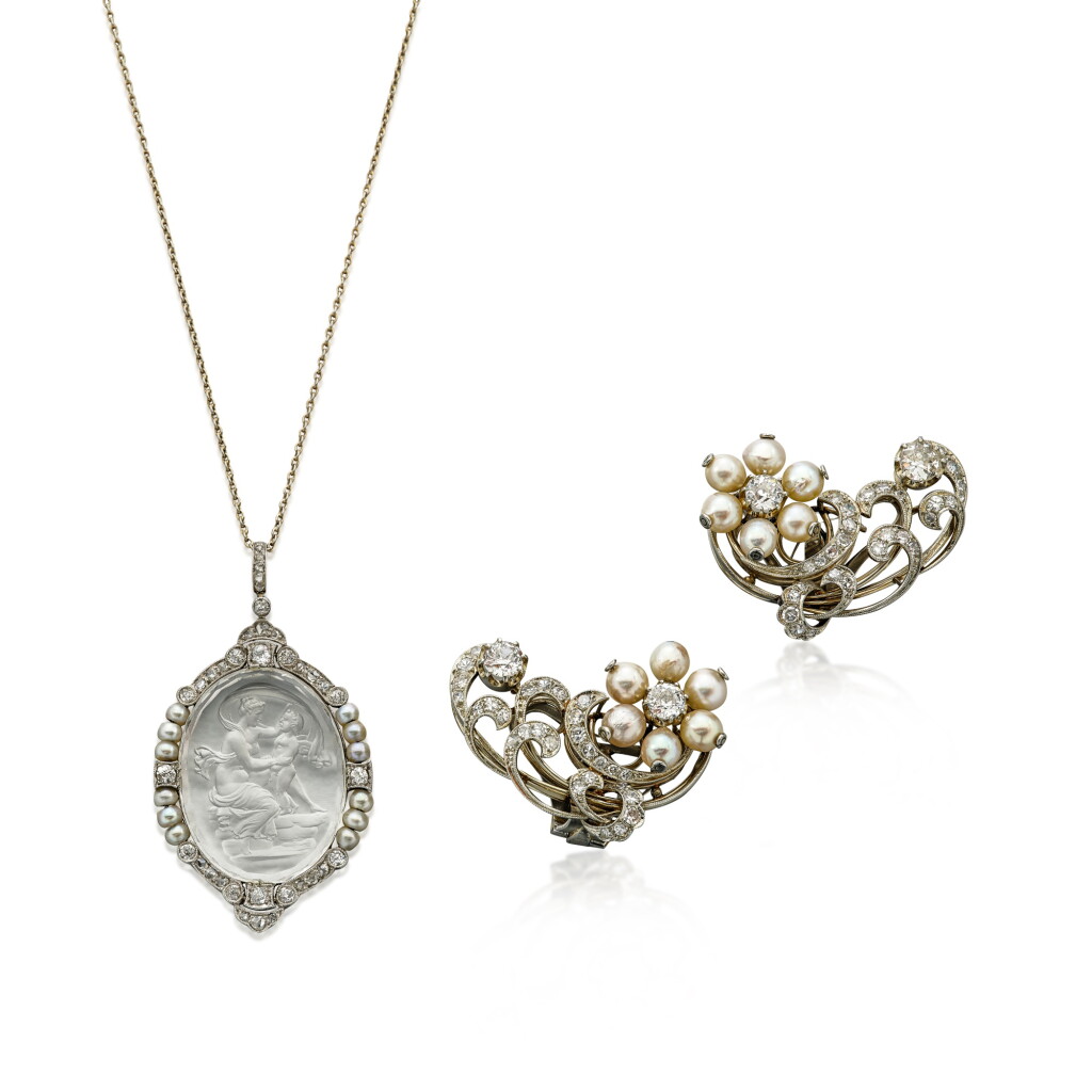 View full screen - View 1 of Lot 1673. Rock Crystal, Seed Pearl and Diamond Pendent Necklace and Pair of Cultured Pearl and Diamond Ear Clips | 白水晶 配 珍珠 配 鑽石 項鏈 及 養殖珍珠 配 鑽石 耳夾一對.
