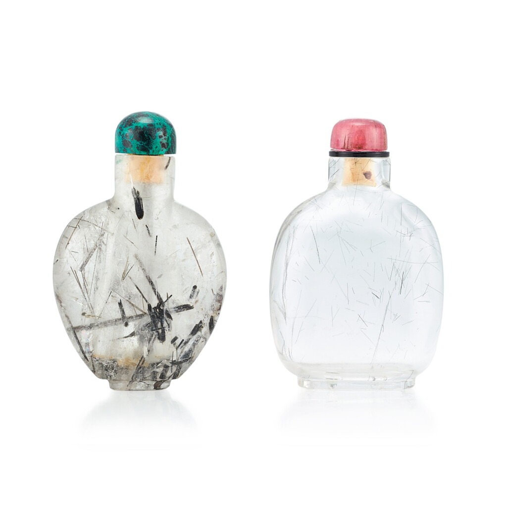 View full screen - View 1 of Lot 3049. Two Hair-Crystal Snuff Bottles Qing Dynasty, 18th - 19th Century | 清十八至十九世紀 髮晶鼻煙壺兩件.