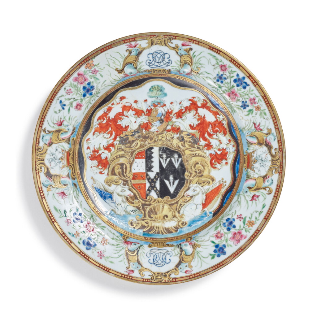 View full screen - View 1 of Lot 1880. A CHINESE EXPORT ARMORIAL PLATE, QING DYNASTY, QIANLONG PERIOD, CIRCA 1743 | 清乾隆 約1743年 粉彩紋章圖盤.