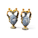 A pair of Italian maiolica large two-handled ovoid istoriato vases, circa 1670, Urbania | Paire de vases ovoïdes à deux anses en majolique "a istoriato", Urbino, vers 1670