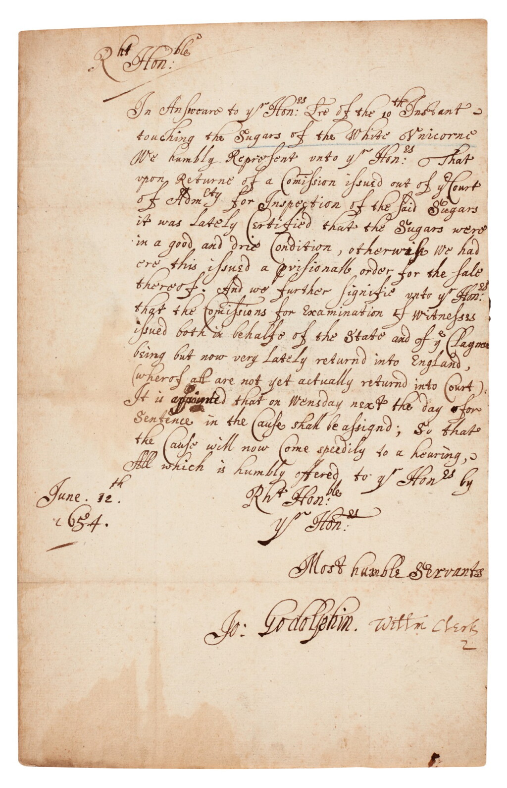 View full screen - View 1 of Lot 49. John Godolphin and William Clerk, Admiralty Judges | letter signed on the quality of sugar, 12 June 1654.