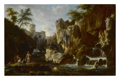 Voir en plein écran - Voir 1 du lot 281. CIRCLE OF CLAUDE-JOSEPH VERNET | VIEW OF THE WATERFALLS AT TIVOLI WITH FISHER FOLK, THE VILLA OF MAECENAS BEYOND.