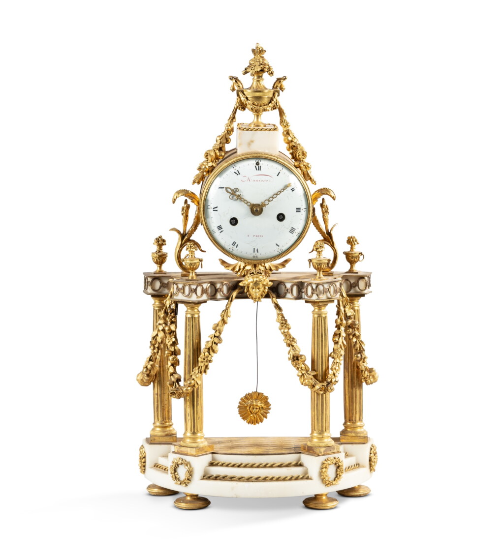 View full screen - View 1 of Lot 172. A Louis XVI gilt-bronze and white marble mantel clock, circa 1780 | Pendule portique en bronze doré et marbre blanc d'époque Louis XVI, vers 1780.
