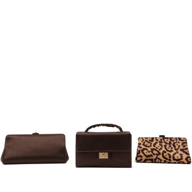 View full screen - View 1 of Lot 635. Frances Patiky Stein's Collection: Set of Three Evening Bags, chocolate satin and leopard print satin with gold hardware.