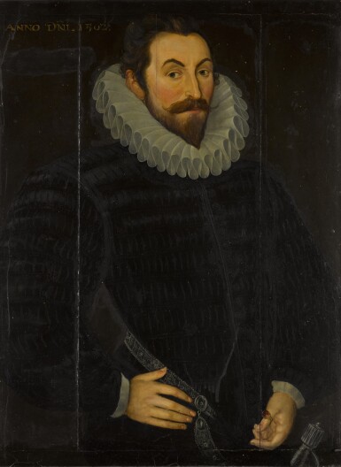 View full screen - View 1 of Lot 122. Portrait of Sir John Harington of Kelston (1561–1612), three-quarter length, in black with a ruff and a sword.