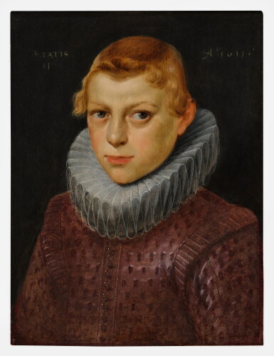 View full screen - View 1 of Lot 482. Portrait of a young boy, aged 11, half length, dressed in a red doublet and white ruff.