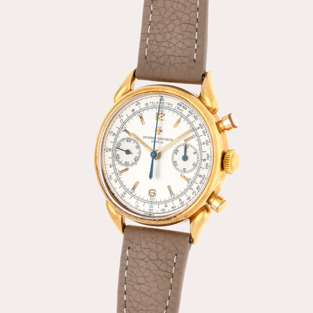 View full screen - View 1 of Lot 10. 'Cornes de Vaches', Reference 6087 | A yellow gold chronograph wristwatch with teardrop lugs | Made in 1958.