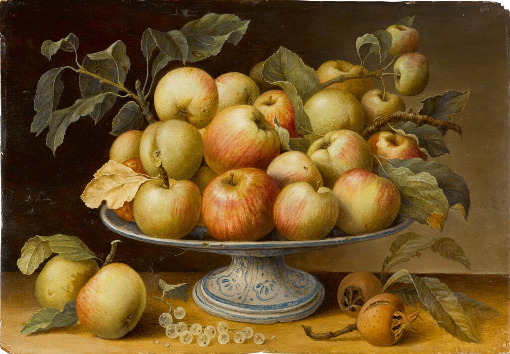 View full screen - View 1 of Lot 405. Still life with apples on a majolica tazza, together with medlars and white currants.