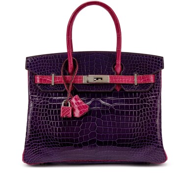 View full screen - View 1 of Lot 1623. Amethyst and Rose Scheherazade Shiny Porosus Crocodile HSS Birkin 30 Palladium Hardware, 2008.