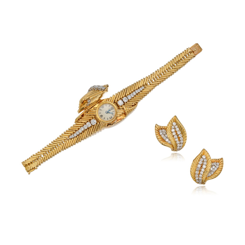 View full screen - View 1 of Lot 262. Gold and Diamond 'Cheveux D'Ange' Bracelet-Watch and Pair of Earclips, France.