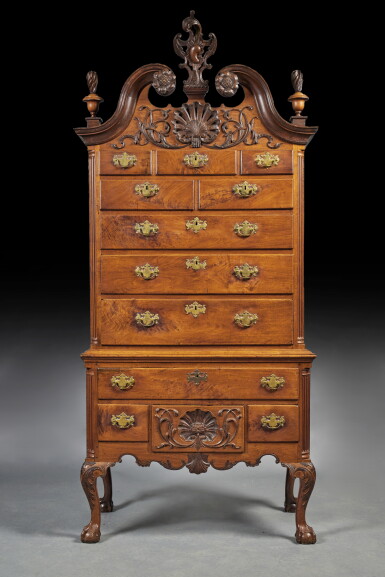 View full screen - View 1 of Lot 858. The Important Mrs. J. Insley Blair Chippendale Carved And Figured Walnut Scroll-Top High Chest of Drawers, Case attributed to Henry Clifton (c. 1725-1771) and Thomas Carteret (act. 1753-1765), Carving attributed to 'Spike', Philadelphia, Pennsylvania, Circa 1760 .