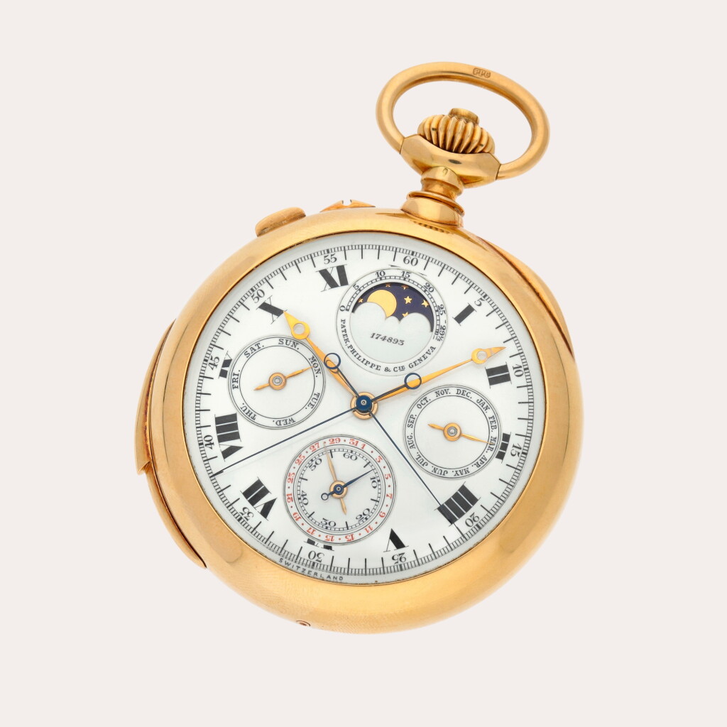 View full screen - View 1 of Lot 24. Triple Complication | A yellow gold minute repeating perpetual calendar split-seconds chronograph keyless lever watch with moon phases | Made in 1918.