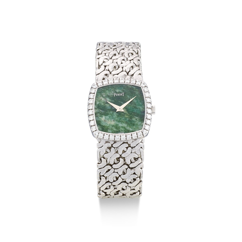 View full screen - View 1 of Lot 101. PIAGET | REFERENCE 9236 N66, A WHITE GOLD AND DIAMOND SET BRACELET WATCH WITH JADE HARDSTONE DIAL, CIRCA 1970.