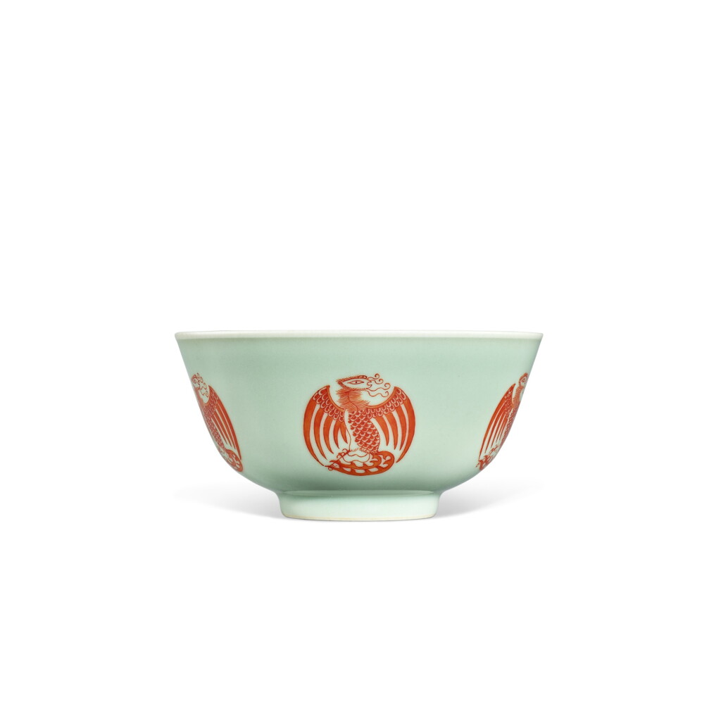 View full screen - View 1 of Lot 3393. A celadon-ground iron-red 'phoenix' bowl, Seal mark and period of Daoguang | 清道光 豆青地礬紅團鳳紋盌 《大清道光年製》款.