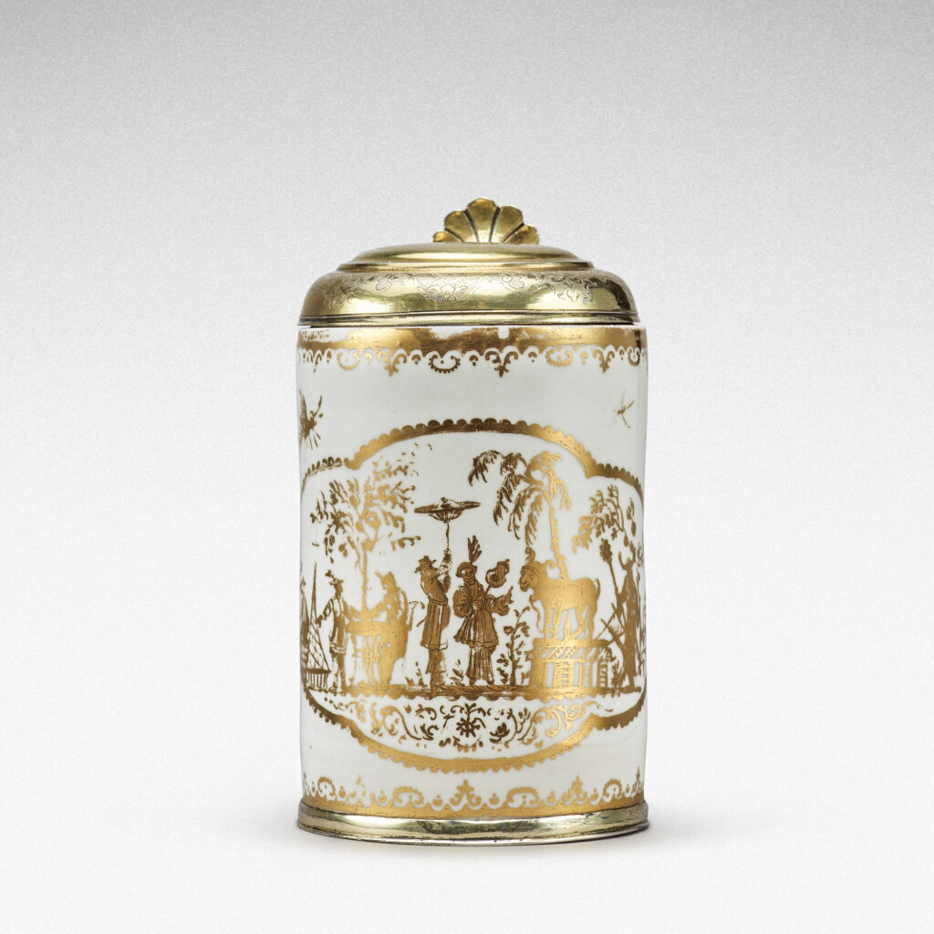 View full screen - View 1 of Lot 9. A Meissen Hausmaler tankard, with silver-gilt mounts, the porcelain Circa 1720-25, the decoration slightly later, the mounts Elias Adam, Augsburg, 1721-25.