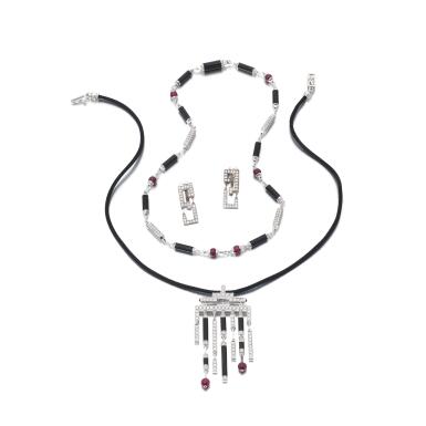 View full screen - View 1 of Lot 230. Onyx, ruby and diamond necklace and pair of ear clips | Collier e orecchini in onice, rubini e diamanti 'Baiser du Dragon'.