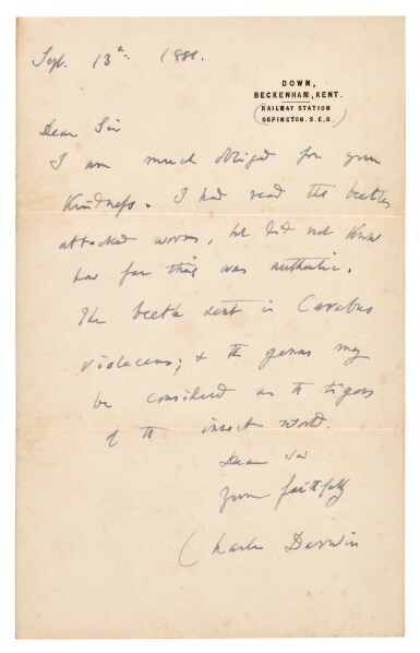 View full screen - View 1 of Lot 247. Charles Darwin | Autograph letter signed, to John Harmer, on carnivorous beetles, 1881.
