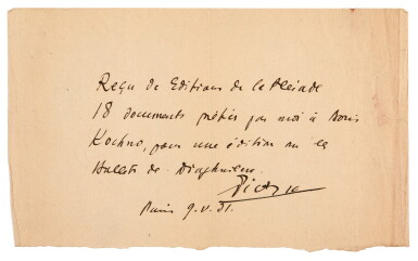 View full screen - View 1 of Lot 108. PICASSO | document signed ("Picasso"), acknowledging receipt of 18 documents from Boris Kochno, 1931.