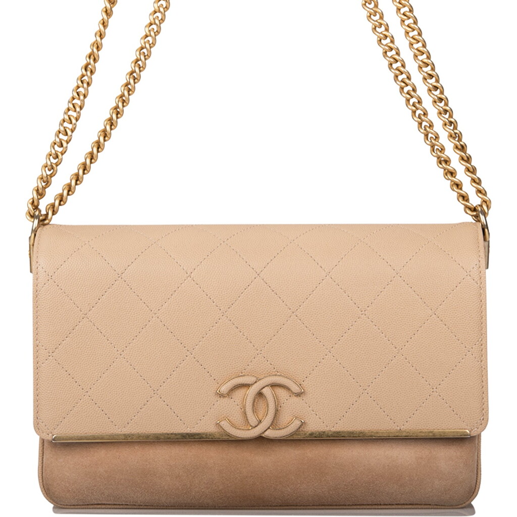 View full screen - View 1 of Lot 97. CHANEL | BEIGE FLAP BAG OF QUILTED CAVIAR AND SUEDE WITH MATTE GOLD TONE HARDWARE.