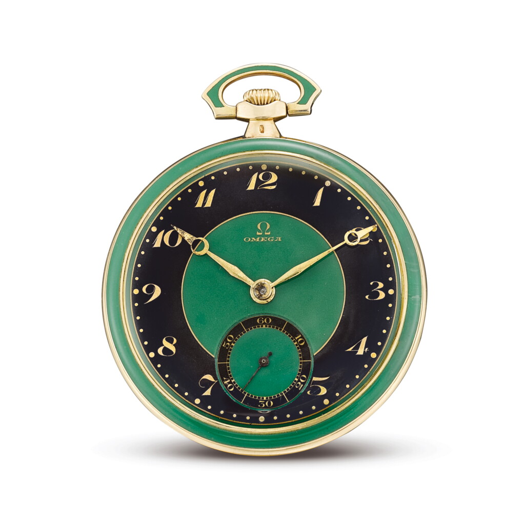 View full screen - View 1 of Lot 2268. OMEGA | A YELLOW GOLD, BLACK AND GREEN ENAMEL OPENFACE WATCH, CIRCA 1920 | 奧米茄 | 黃金黑色及綠色琺瑯懷錶,機芯編號6337800,錶殼編號6919752,約1920年製.