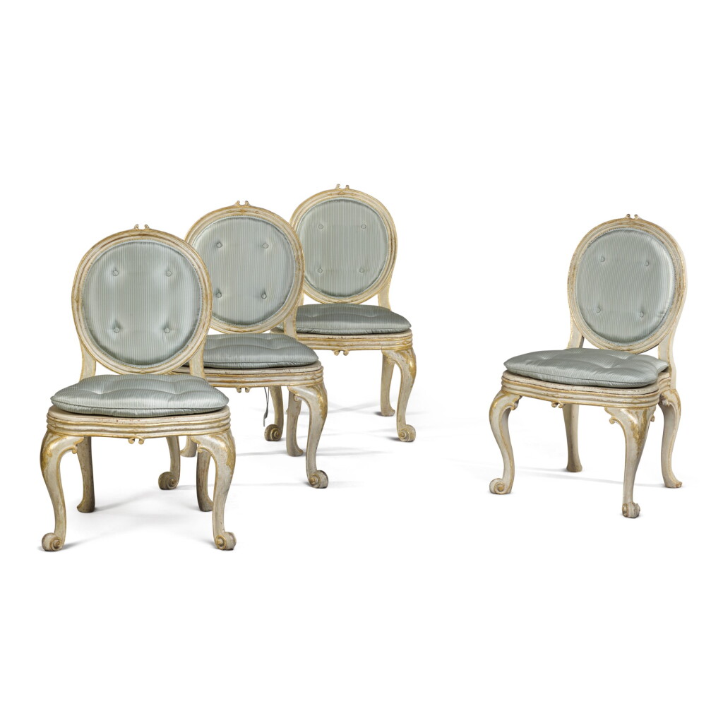 View full screen - View 1 of Lot 7. A set of four white painted and parcel-gilt side chairs, possibly German, mid-18th century.