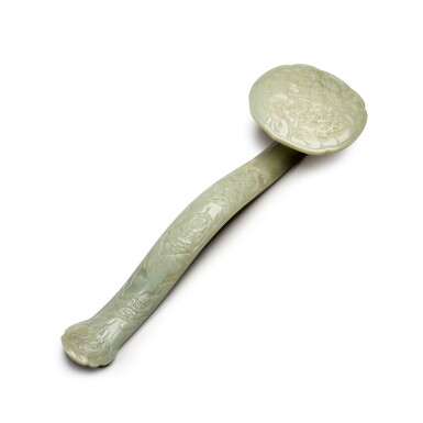 View full screen - View 1 of Lot 359. A carved celadon jade 'immortals' ruyi sceptre, Qing dynasty, 19th century | 清十九世紀 青玉雕神仙紋如意.