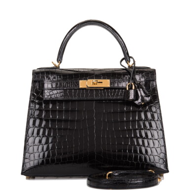 View full screen - View 1 of Lot 43. Hermès Black Sellier Kelly 28cm of Shiny Niloticus Crocodile with Gold Hardware.