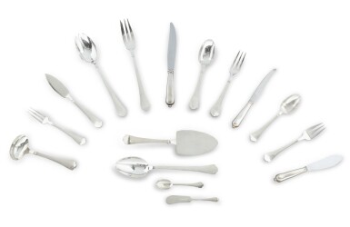 View full screen - View 1 of Lot 2050. A 122- piece part of a silver-plated household set, Richelieu pattern, Puiforcat | Partie de ménagère de 122 pièces en métal argenté, modèle Richelieu, Puiforcat.