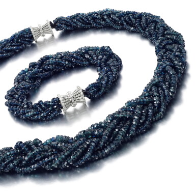 View full screen - View 1 of Lot 120. SAPPHIRE AND DIAMOND DEMI-PARURE.