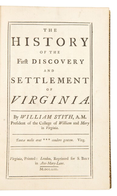 View full screen - View 1 of Lot 83. Stith, William | The first history of Virginia printed in America.