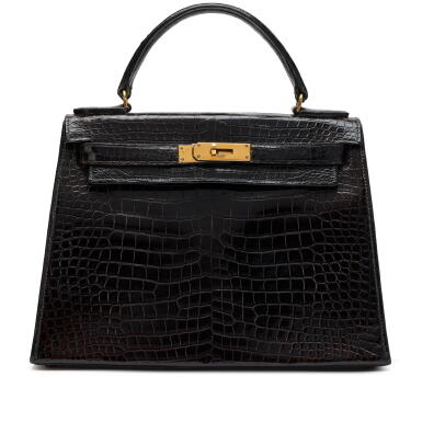 View full screen - View 1 of Lot 169. Vintage Chocolat Shiny Crocodile Kelly 28 Sellier Gold Hardware, 1973.