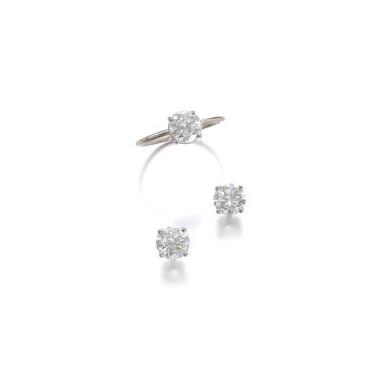 View full screen - View 1 of Lot 36. PAIR OF DIAMOND EARRINGS AND A RING.