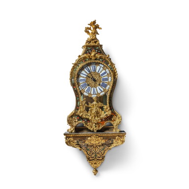 View full screen - View 1 of Lot 625. A Louis XV gilt-bronze mounted turtleshell, mother-of-pearl and brass contra boulle marquetry bracket clock, movement and case probably later associated, some bronzes with the crowned 'C'.