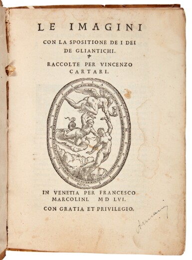 View full screen - View 1 of Lot 477. Cartari, Le imagini con la spositione de i dei de gli antichi, Venice, 1556, contemporary limp vellum.