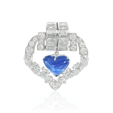 View full screen - View 1 of Lot 792. Diamond brooch, Cartier and a sapphire pendant.