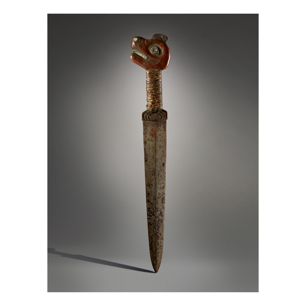View full screen - View 1 of Lot 65. TLINGIT DAGGER WITH BEAR POMMEL.