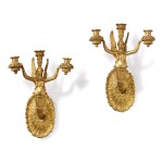 A PAIR OF EMPIRE GILT BRONZE THREE-LIGHT WALL LIGHTS, FIRST QUARTER 19TH CENTURY