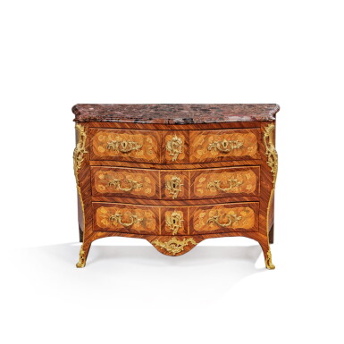View full screen - View 1 of Lot 839. A Louis XV gilt-bronze-mounted tulipwood and kingwood marquetry commode, circa 1730-1740, stamped by Pierre Roussel.