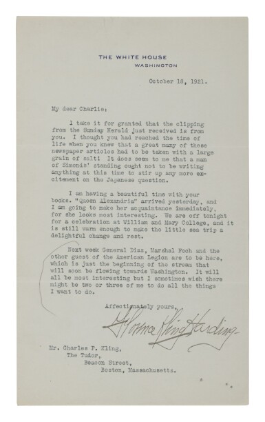 View full screen - View 1 of Lot 71. FLORENCE KLING HARDING | Florence Harding apprises her brother of life on the campaign trail—and in the White House.