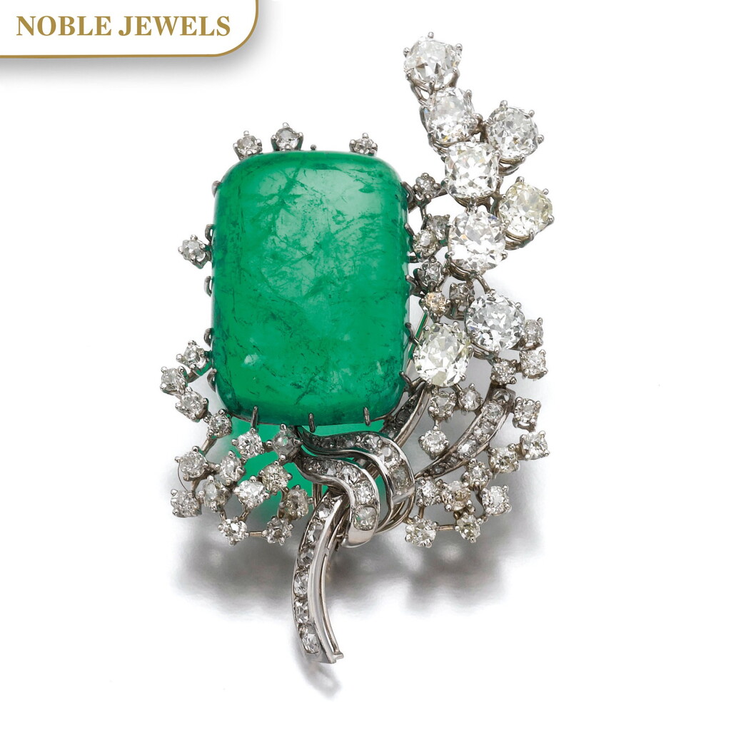 View full screen - View 1 of Lot 168. EMERALD AND DIAMOND BROOCH.