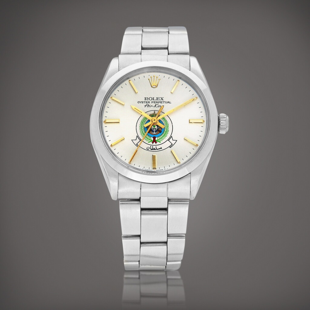View full screen - View 1 of Lot 8733. Air King, Reference 5500 | A stainless steel wristwatch with Royal Saudi Air Force dial and bracelet, Circa 1978 | 勞力士 | Air King 型號5500 | 精鋼鏈帶腕錶,備沙烏地阿拉伯皇家空軍錶盤,約1978年製.