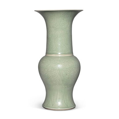 View full screen - View 1 of Lot 410. A celadon-glazed 'peony scroll' yenyen vase, Qing dynasty, Kangxi period | 清康熙 青釉刻牡丹紋鳳尾尊.