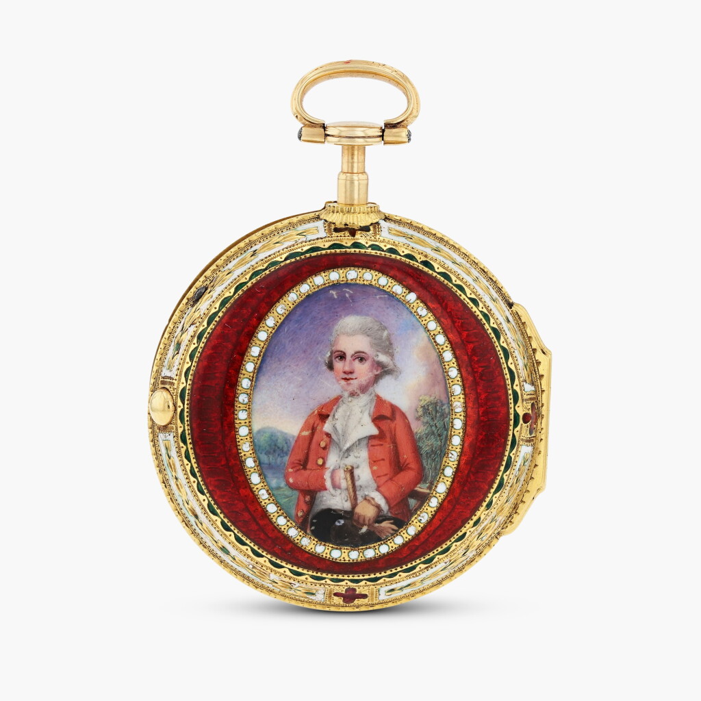 View full screen - View 1 of Lot 449. Yellow gold and enamel pair-cased verge watch, the outer case centred on a painted miniature portrait of a young gentleman, circa 1782.