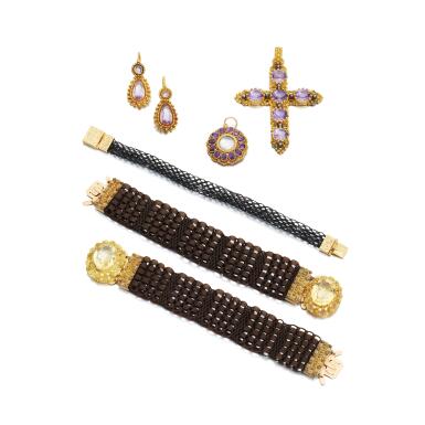 View full screen - View 1 of Lot 1116. Pair of citrine and hairwork bracelets, circa 1830 and a collection jewels.