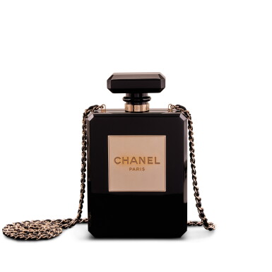 View full screen - View 1 of Lot 85. Black Plexiglass No. 5 Perfume Bottle Minaudière Pale Gold Hardware, 2013-2014.