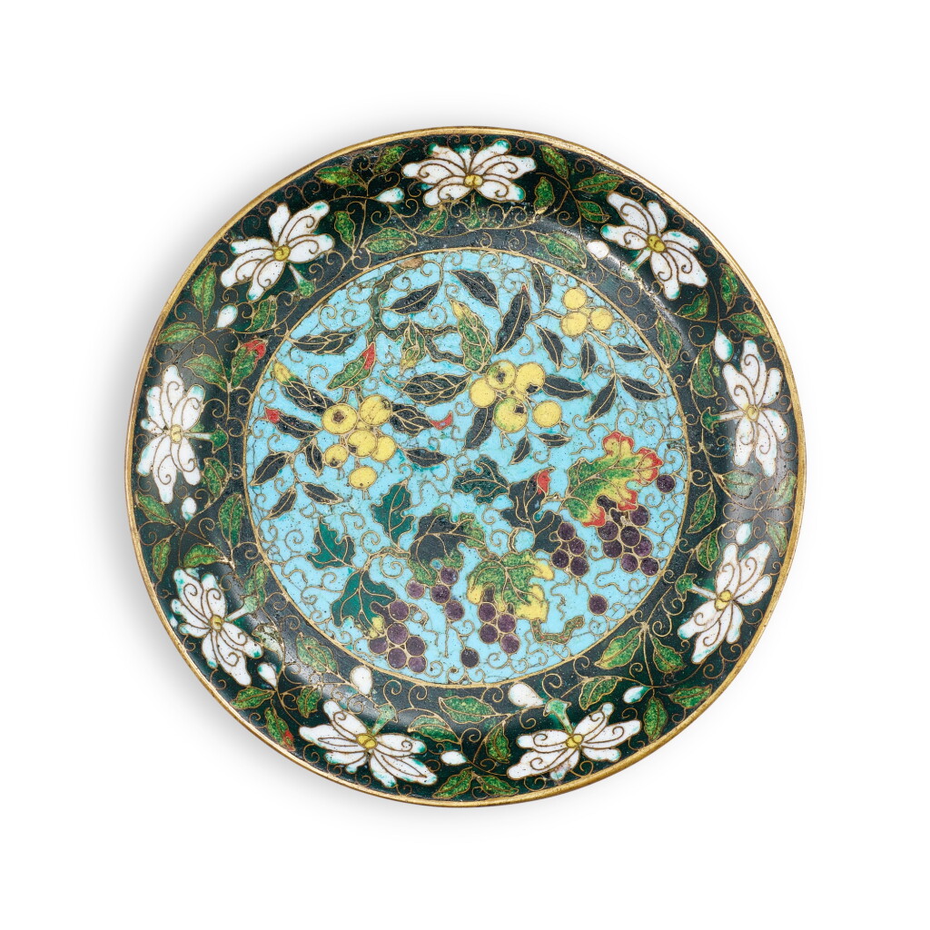 View full screen - View 1 of Lot 3745. A rare cloisonné enamel 'loquat and grapes' dish, Yuan - early Ming dynasty | 元至明初 掐絲琺瑯枇杷葡萄紋盤.